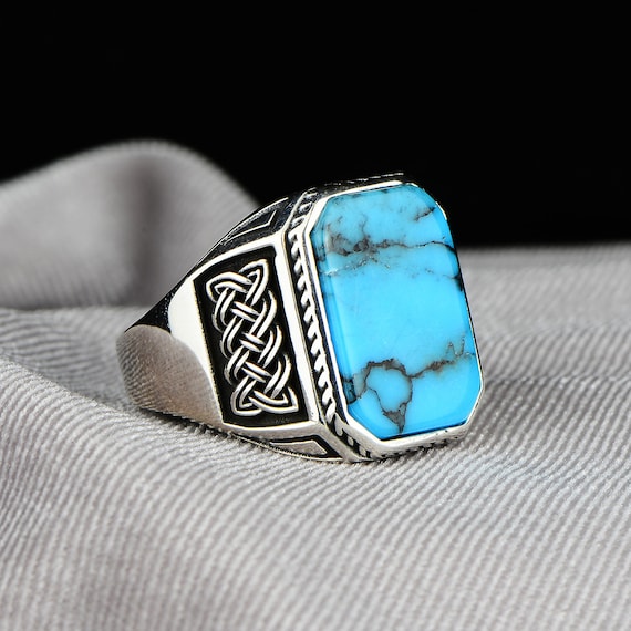 Men Handmade Silver Turquoise Ring , Handcrafted Ottoman Men Ring 