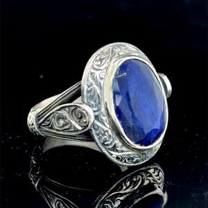 Man Handmade Ring , Engraved Sapphire Stone Silver Ring , Silver Handmade Blue Gemstone Ring , 925k Sterling Silver Ring , Gift For Him