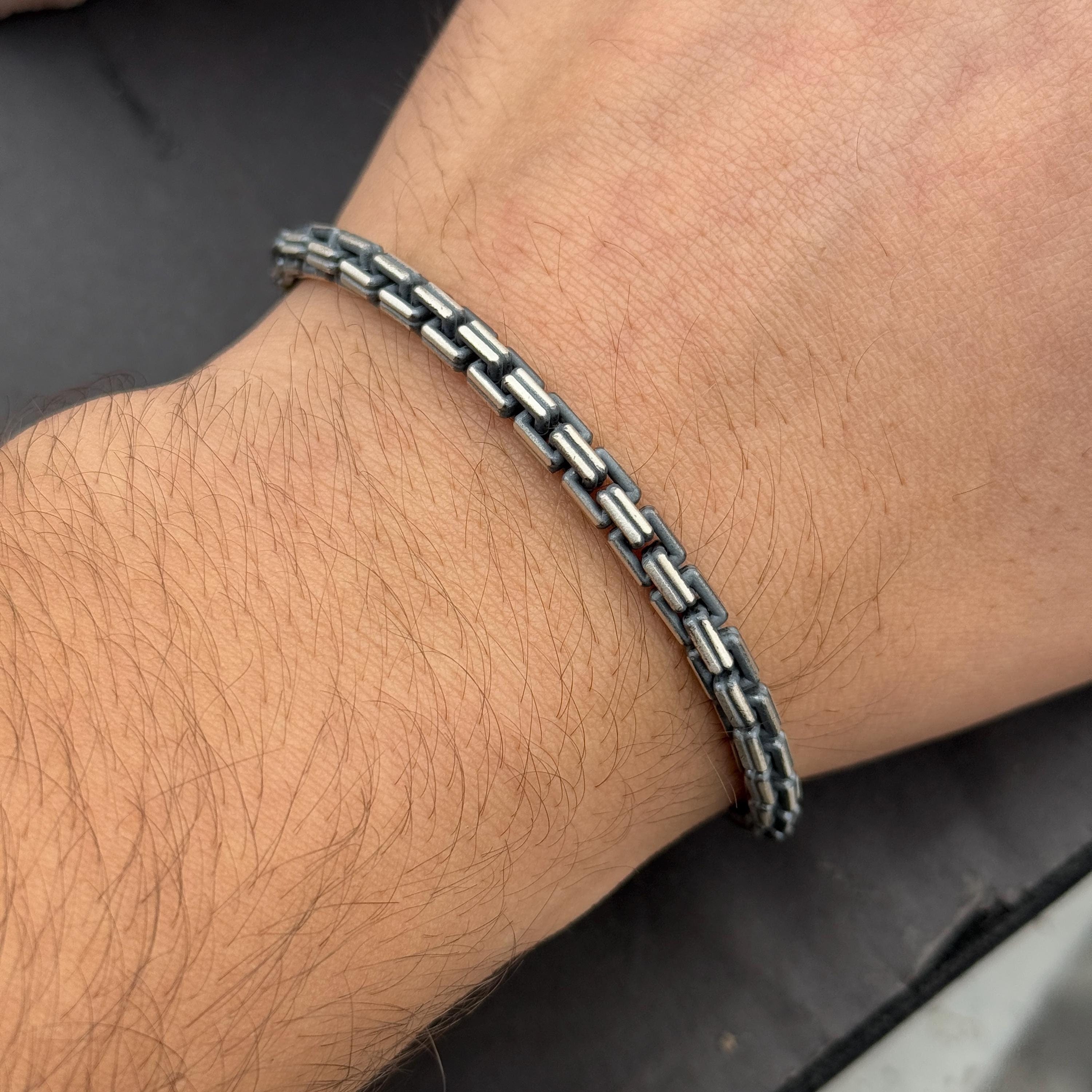 Men Silver Chain Bracelet, Silver Box Chain Bracelet, Engraved Men