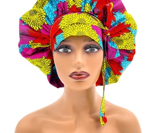 Vibrant Print Satin-Lined Bonnet, Adjustable Hair Wrap