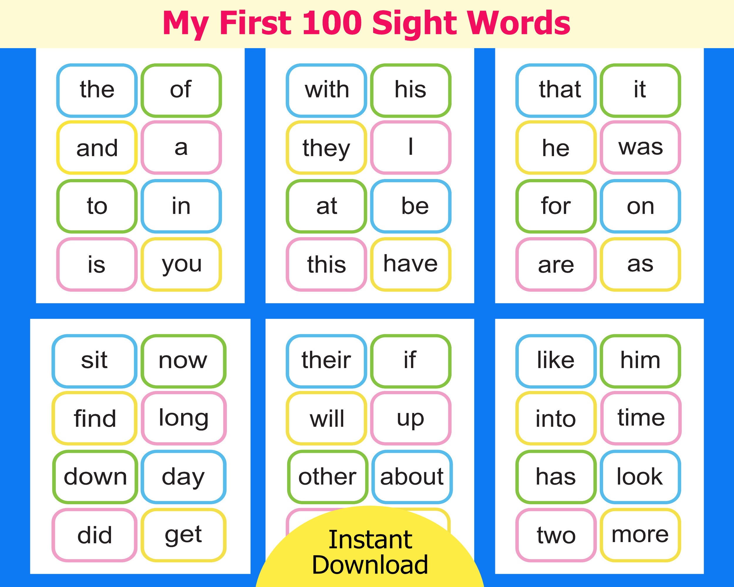 Printable. My First 100 Sight Words. Flash Cards. Kindergarten to First ...