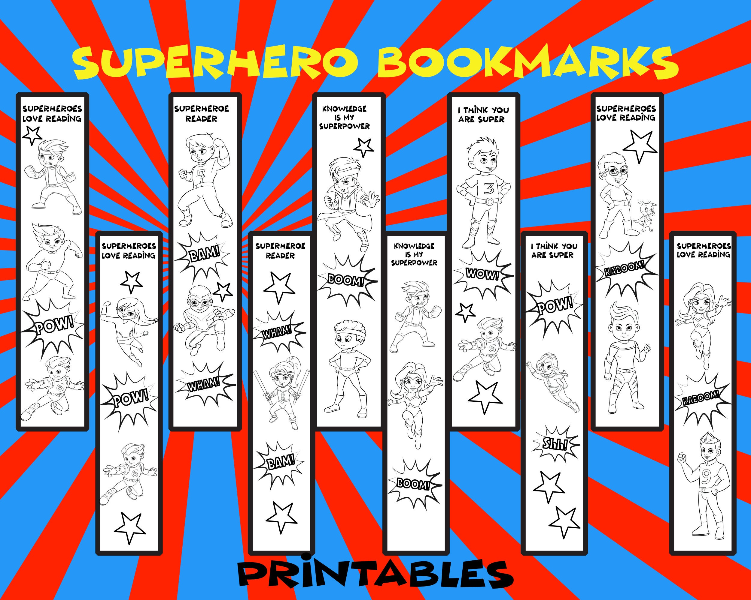 10 Printable Superheroes Bookmarks to Colour for Kids Etsy UK