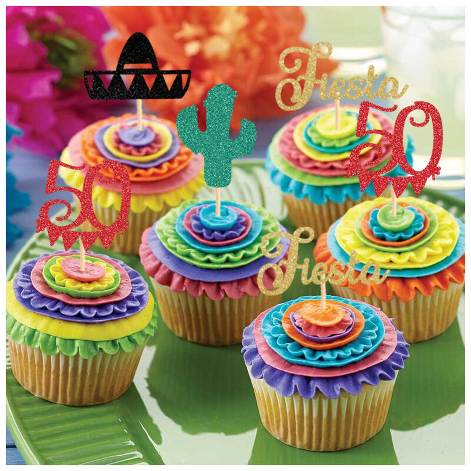 Mexican Fiesta Cupcake Toppers Fiesta Party Birthday Cupcake Etsy