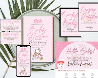 Kitty Baby Shower Uitnodigingsbundel, Instant Download bewerkbare sjablonen, Boeken voor Baby, Luierloterij, Facebook Event Banner