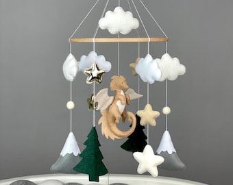 Dragon baby mobile crib Fantasy nursery decor Felt dragon hanging Dragon crib mobile Neutral baby mobile Dragon baby shower