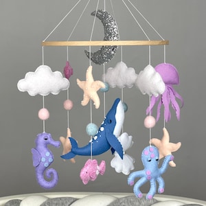 Ocean baby mobile girl Felt sea animals mobile Under the sea mobile pink purple Ocean crib mobile Nautical nursery decor Ocean baby shower