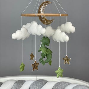 Dragon baby mobile neutral Fantasy nursery decor Green dragon crib mobile Felt dragon mobile Fantasy baby shower