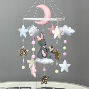 Bunny baby mobile for girl Bunny nursery decor Baby girl crib mobile Pink baby mobile Felt hanging mobile Baby girl nursery crib mobile