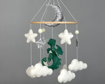 Dragon baby mobile crib Fantasy nursery decor Green dragon mobile Neutral baby mobile Felt hanging dragon Fantasy baby shower