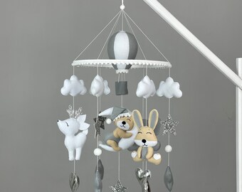 Aanbieding voor Liana Baby mobiel neutraal Teddybeer mobiel Luchtballon mobiel Vilten dieren mobiel grijs Kraamcadeau