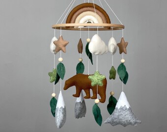 Bear baby mobile crib Woodland nursery decor rainbow Forest mobile mountains Neutral baby mobile Felt hanging mobile