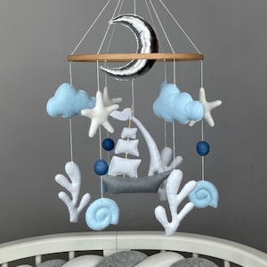 Ocean baby mobile boy Ship nursery decor Nautical mobile corals Baby crib mobile blue Coastal mobile Ocean baby shower New baby boy gift