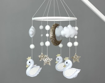 Handmade Swan Baby Mobile: Gold Moon, Stars, Clouds, Nursery Decor