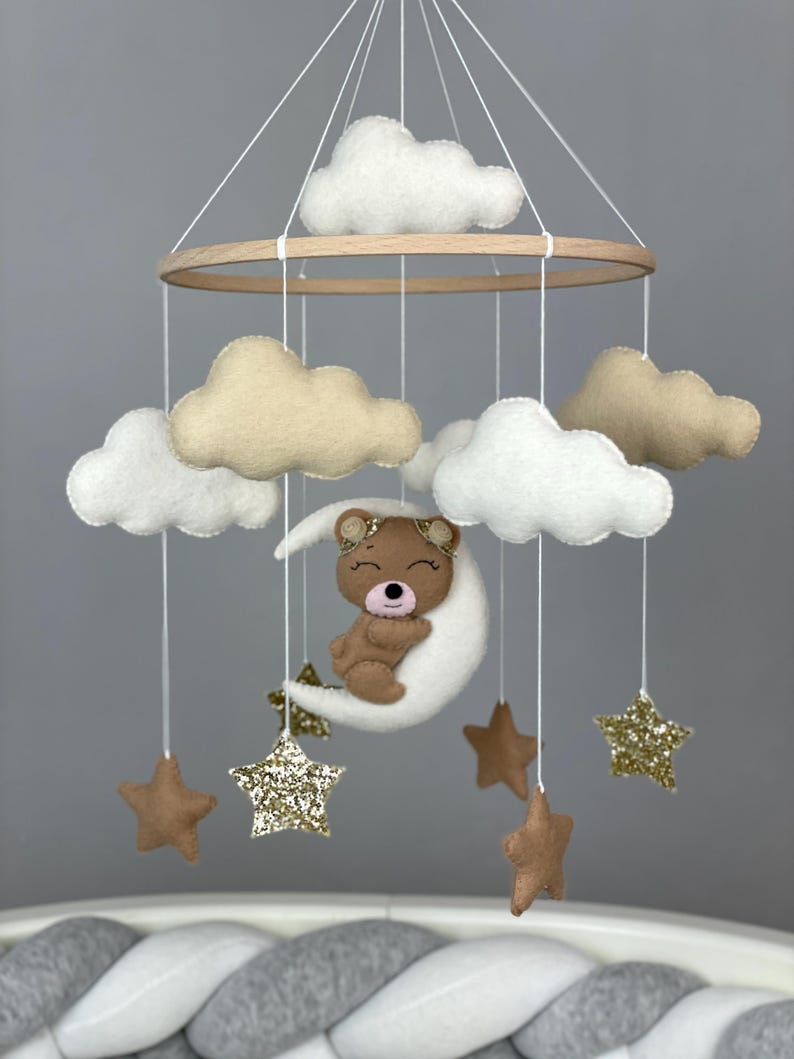 Bear Baby Mobile Crib Teddy Bear Nursery Decor Felt Hanging Mobile ...