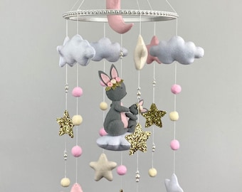 Baby girl mobile for crib Bunny nursery decor Baby girl crib mobile Pink baby mobile Felt hanging mobile Baby girl nursery crib mobile