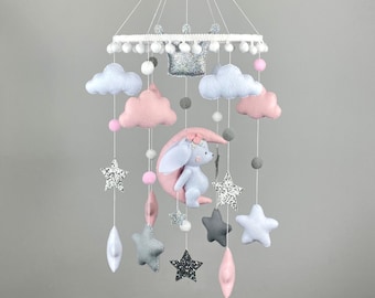 Bunny baby mobile girl Bunny nursery decor Felt mobile Pink mobile Baby crib mobile Unique new baby gift Pregnancy gift New parents gift