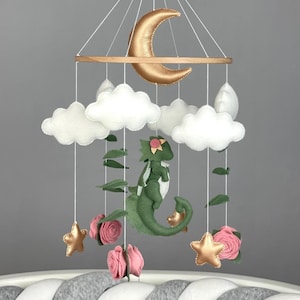 Dragon baby mobile for girl Fantasy nursery decor Dragon crib mobile Flower mobile  rose Felt dragon hanging mobile Dragon baby shower