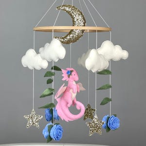 Pink dragon baby mobile girl Fantasy nursery decor Felt dragon Flower mobile Baby crib mobile Dragon baby shower Expecting mom gift