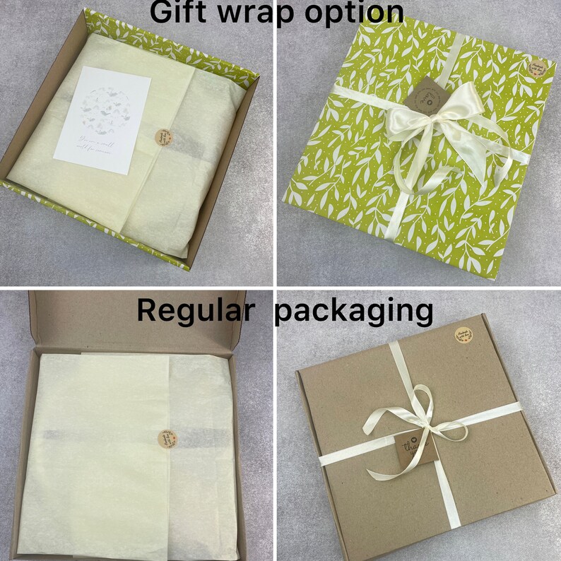 May include: Two images showing packaging options for a product. The first image shows a gift wrap option with a green and white patterned box with a white ribbon and bow. The second image shows a regular packaging option with a brown box with a white ribbon and bow.