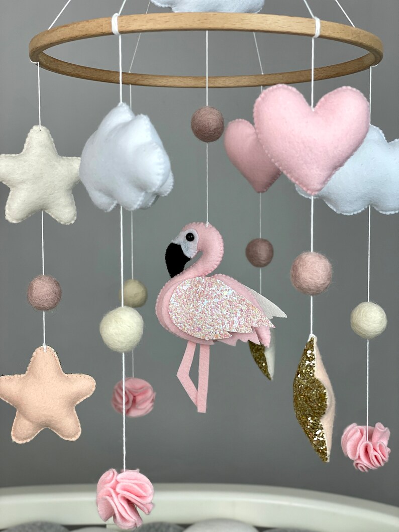 Baby mobile girl with flamingo Felt nursery mobile crib pink Custom baby mobile Baby shower gift New baby gift image 3