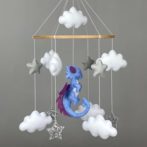 Dragon baby mobile Sapphire dragon crib mobile  Felt hanging dragon mobile Fantasy nursery decor Dragon baby shower
