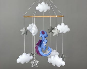 Dragon baby mobile Sapphire dragon crib mobile  Felt hanging dragon mobile Fantasy nursery decor Dragon baby shower