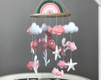 Mobile océan pour bébé fille Baleine, décoration de chambre d'enfant, mobile nautique rose, mobile arc-en-ciel, poisson, mobile pour baby shower, océan