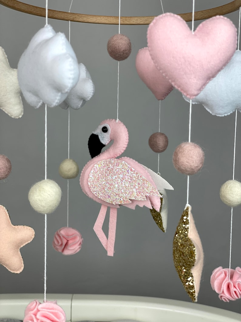 Baby mobile girl with flamingo Felt nursery mobile crib pink Custom baby mobile Baby shower gift New baby gift image 7