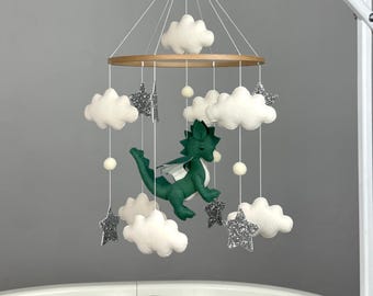 Dragon baby mobile crib Dragon nursery decor Felt dragon green Fantasy mobile Dragon crib mobile Dragon baby shower