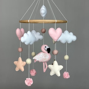 Baby mobile girl with flamingo Felt nursery mobile crib pink Custom baby mobile Baby shower gift New baby gift image 1