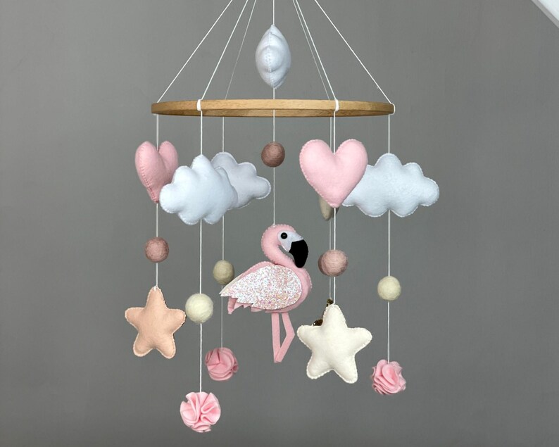 Baby mobile girl with flamingo Felt nursery mobile crib pink Custom baby mobile Baby shower gift New baby gift image 1