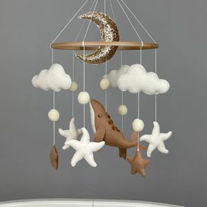 Whale baby mobile crib Ocean nursery decor Nautical mobile beige Under the sea mobile Felt whale hanging mobile Gender neutral new baby gift