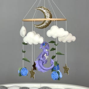 Dragon crib mobile for baby girl Fantasy nursery decor Felt dragon baby mobile Purple dragon nursery Flower baby mobile Fantasy baby shower