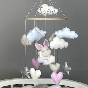 Bunny mobile for baby girl Bunny nursery decor Baby crib mobile Felt baby mobile Personalized mobile New baby girl gift Expecting mom gift