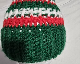 Bonnet rayé au crochet fait main, bonnet en acrylique rouge blanc vert