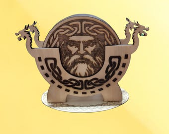 Ensemble de 6 sous-verres fait main Viking Dragon avec support en bois gravé - Cadeau de la mythologie nordique