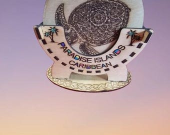 Ensemble de sous-verres en bois tortue des Caraïbes avec support - Cadeau souvenir des îles paradisiaques
