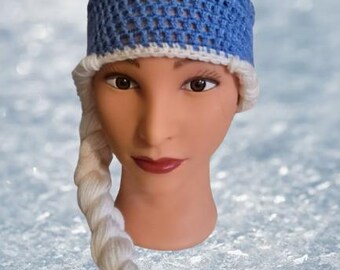 Bonnet "Frozen Elsa" fait main au crochet crème/bleu avec queue de cheval