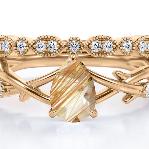 Vintage Golden Rutile Engagement Ring Set, 14k shops Rose Gold Twig Ring, Twig Wedding Bridal Ring Set,Art Deco Golden Rutile Anniversary Ring Set