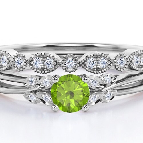2PCS Peridot Engagement Ring Set, Art Deco Green Peridot Wedding shops Bridal Ring Set,Antique Peridot Promise Ring Set,Solitaire Ring Set For Her