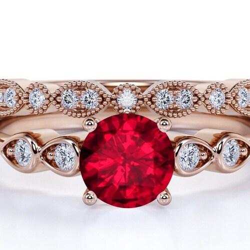 2PCS Ruby Engagement Ring Set, shops Vintage Ruby Wedding Ring Set, Art Deco Ruby Bridal Ring Set, Solitaire Ring, 14k Gold Ruby Promise Ring Set.