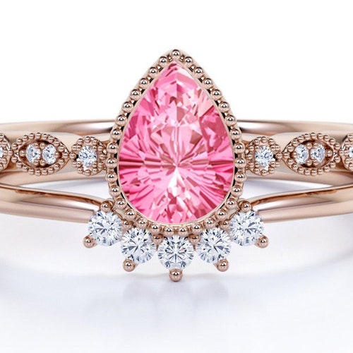 Shops Teardrop Pink Spinel Engagement Ring Set, Art Deco Spinel Wedding Ring Set, Curved Wedding Band, 14k Rose Gold Anniversary Promise Ring Set