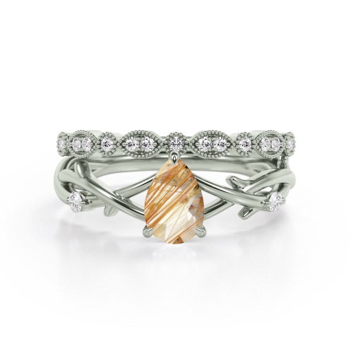 Vintage Golden Rutile Engagement Ring Set, 14k shops Rose Gold Twig Ring, Twig Wedding Bridal Ring Set,Art Deco Golden Rutile Anniversary Ring Set