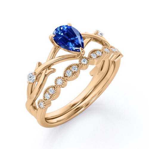 Nature Inspired shops Blue Sapphire Ring,Vintage Blue Sapphire Engagement Ring Set,Rose Gold Bridal Ring Set,Antique Sapphire Anniversary Ring Set
