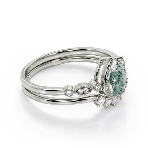 Pear Moss Agate Engagement Ring Set, 925 Silver Wedding Ring Set For Women, Unique shops Moss Agate Bridal Ring Set, Dainty Anniversary Ring Set.