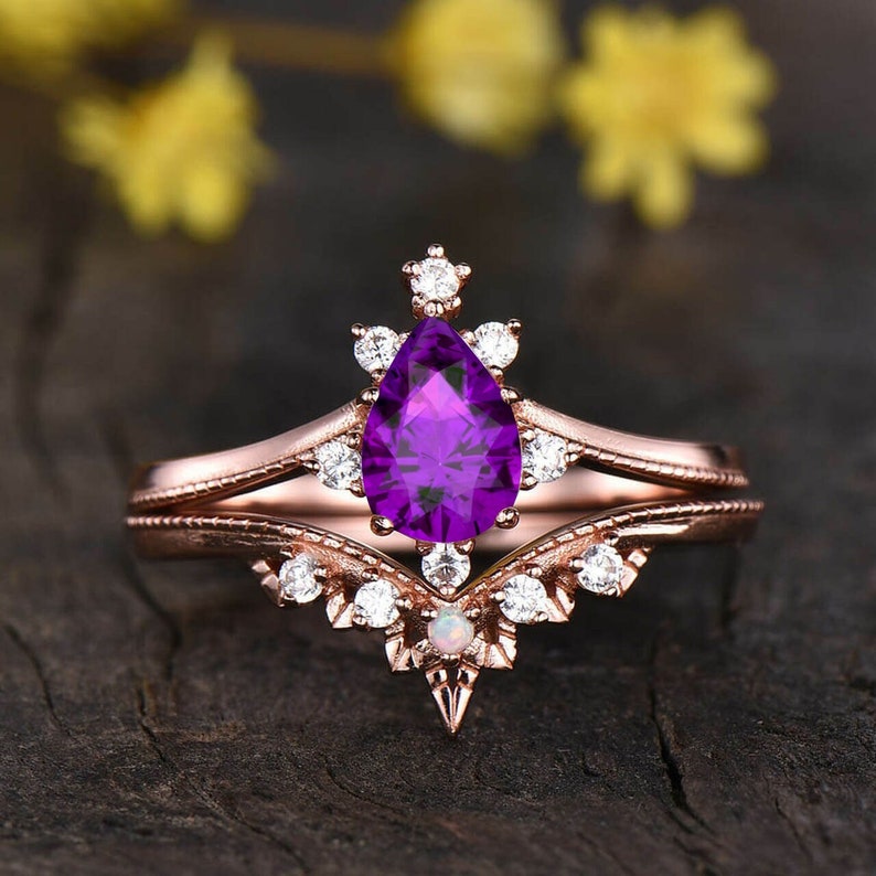 Natural Amethyst Wedding Ring Set, Vintage Style Ring Set,Purple Stone Ring Set,2pcs Ring,Chevron shops Opal Band Ring,Art deco Ring Set For Women