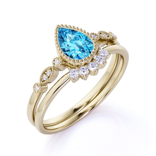 Art Deco Swiss Blue Topaz Engagement Ring Set, 925 shops Silver Swiss Blue Topaz Wedding Ring Set,Zircon Wedding Band,2PCS Vintage Bridal Ring Set