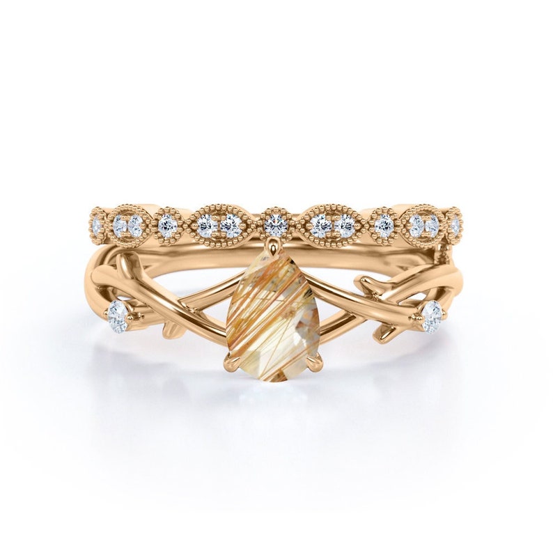 Vintage Golden Rutile Engagement Ring Set, 14k shops Rose Gold Twig Ring, Twig Wedding Bridal Ring Set,Art Deco Golden Rutile Anniversary Ring Set