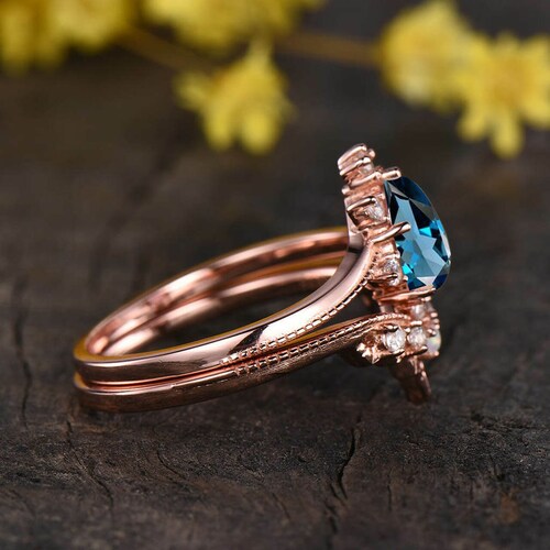 London Blue Topaz Ring Set,Engagement Ring,London Blue shops Topaz Ring Set,Opal Stone Chevron Band,London Blue Topaz,CZ Stone, Women Ring,Rings