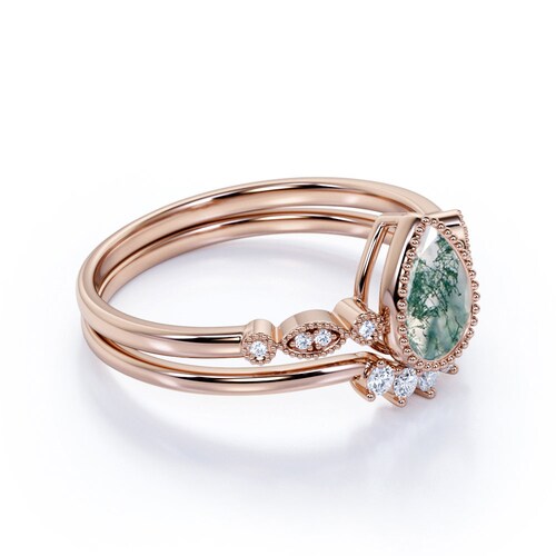 Pear Moss Agate Engagement Ring Set, 925 Silver Wedding Ring Set For Women, Unique shops Moss Agate Bridal Ring Set, Dainty Anniversary Ring Set.
